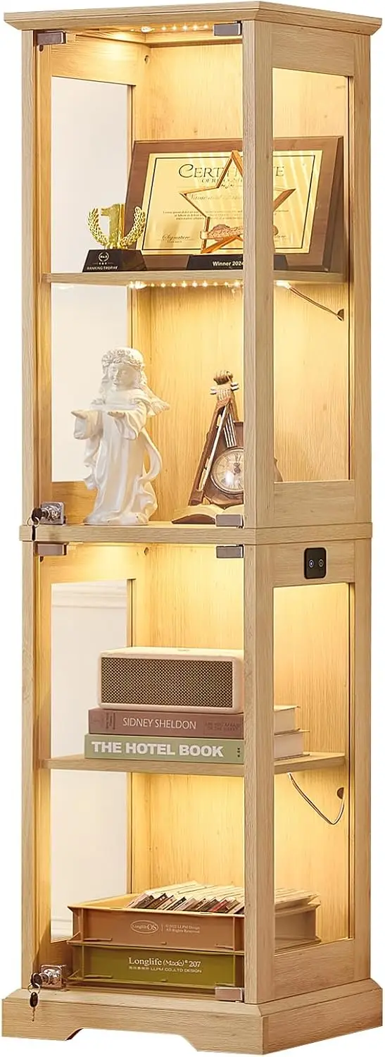 Farmhouse Narrow Glass Display Cabinet with Doors & Lock, Natural | Wooden Curio Cabinets with 3 Color Motion-Sensor Light & Rei