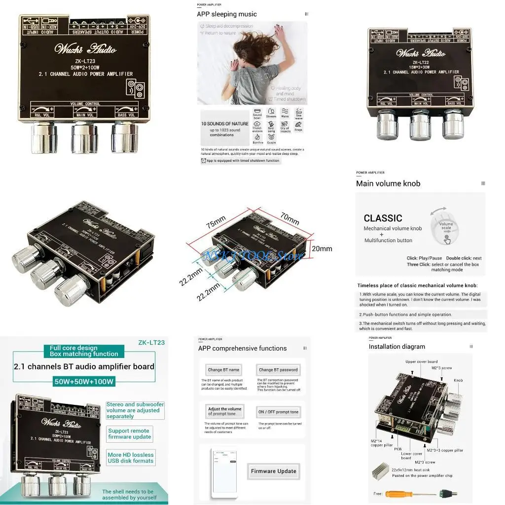 

L8RC 50W+50W+100W 2.1 Channel Subwoofer Amplifier Board with Treble and Bass Control, Bluetooth-compatible and AUX Inputs