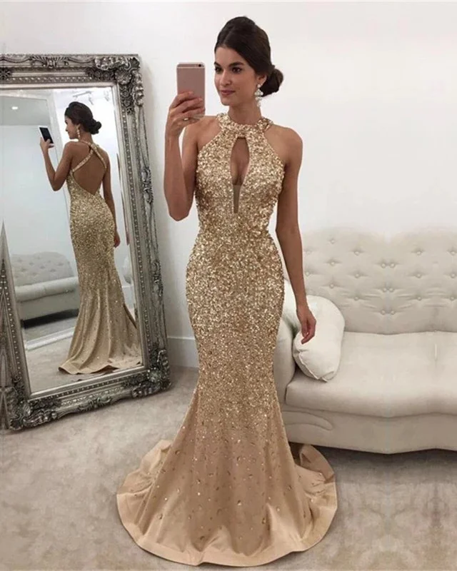 

Glitter Evening Dress Sequin Solid Color Backless Halter O-neck Sexy Party Fashion Floor-Length Elegant Dresses for Women
