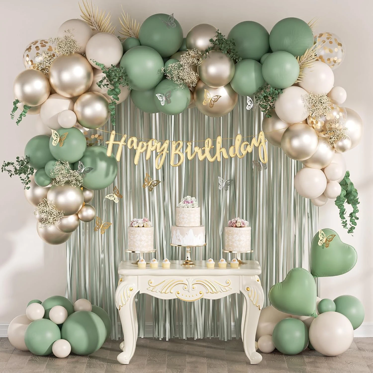 ‌ Kit de decoración de cumpleaños verde salvia: pancarta de feliz cumpleaños, cortinas con flecos, decoración de pared de mariposas y juego de globos de aluminio para mujer