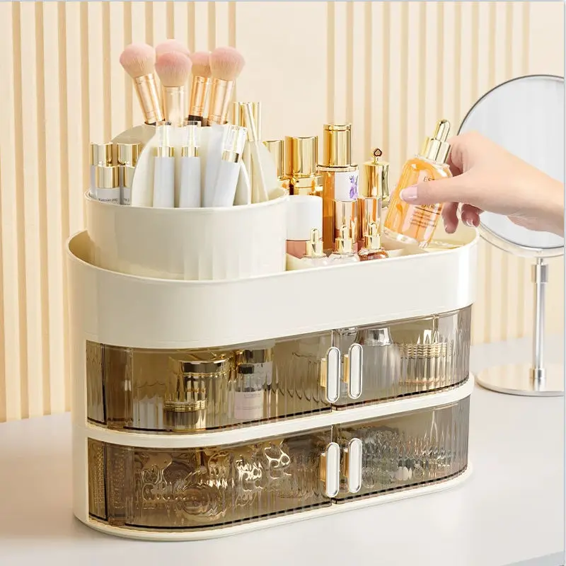 

3-Layer makeup storage device, set with rotating makeup brush holder, suitable for dresser 2-drawer skin care cosmetic storage