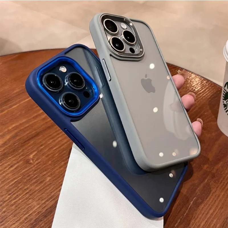 Funda transparente de lujo a prueba de golpes para iPhone 15 14 13 12 Mini 11 Pro XS Max XR X 7 8 Plus, cubierta protectora de cámara de Metal con parachoques suave