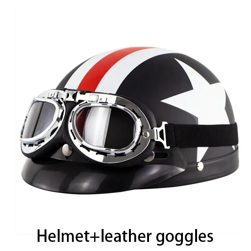Leather Motorcycle Helmet, Safe Riding for Men & Women, Four‑Season French American Retro Style, With Neck Gaiter & Leather Gogg