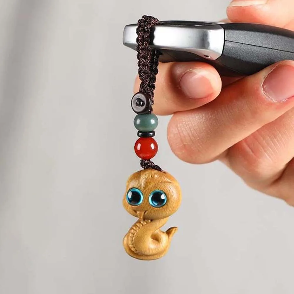 Mini Zodiac Snake Keychain Cyan Eyes Auspicious New Year Carved Pendant Beads Weaving Rope Green Sandalwood Phone Chain Ornament