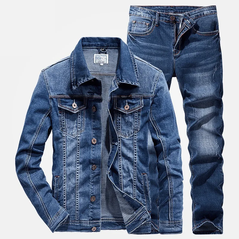 Men 2 Piece Sets New Simple Spring Autumn Smoky Gray Long Sleeve Denim Jacket + Jeans Fashion Slim Couple Denim Suit Ropa Hombre