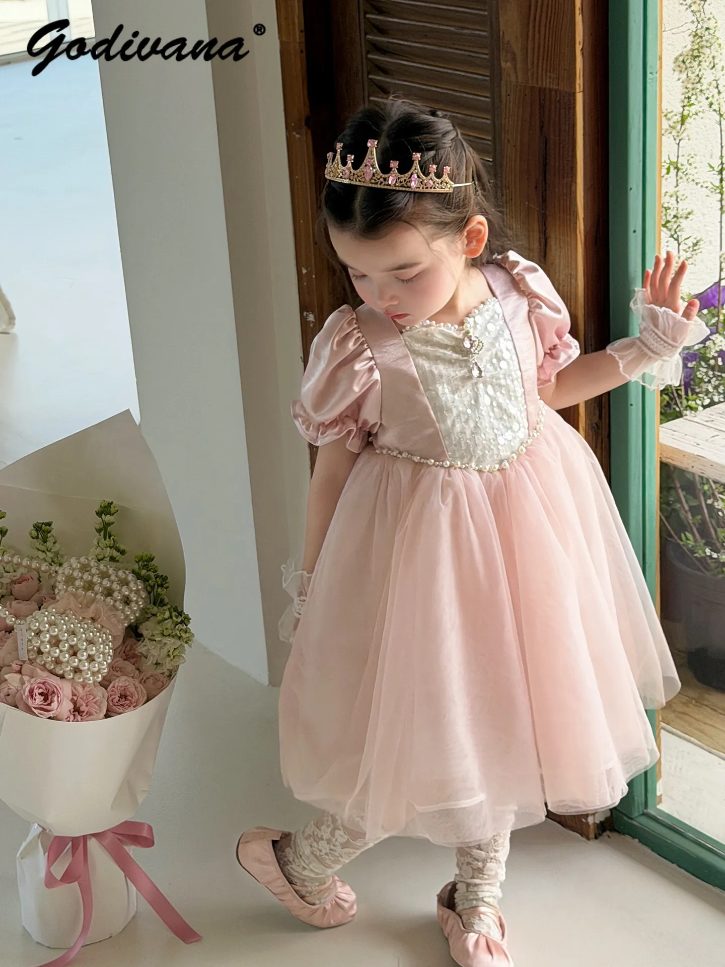 Sweet Girls Princess Lolita Dress 2026 Summer New Fashion Kids Puff Sleeve Pearls Sequined Mesh Patchwork Birthday Party Gown
