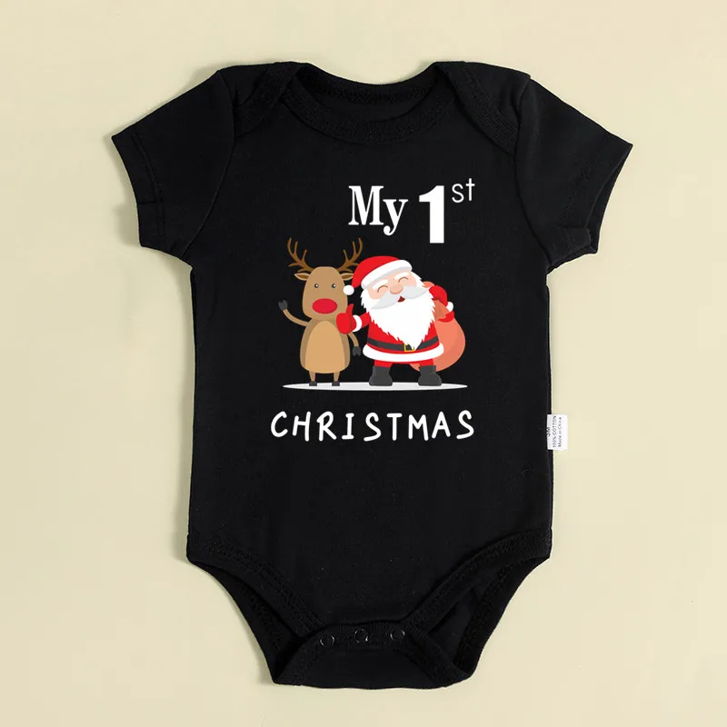 Mein 1. Weihnachten Weihnachtsmann-Elch-Print Neugeborenen-Strampler mit kurzen Ärmeln, süßer roter Baumwoll-Baby-Body für Jungen und Mädchen – Detail 4