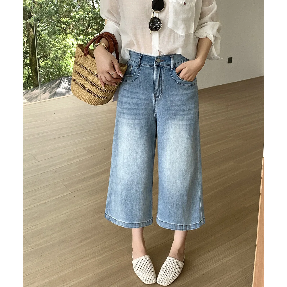 2026 Summer Plus Size Women High Waist Stretch Narrow Boyfriend Wide Leg Jeans Mid Capri Pants For Curvy Ladies 2623 view 3