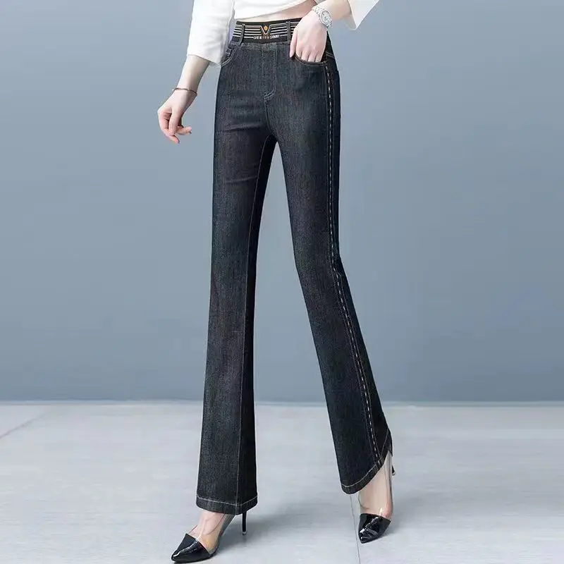 Pantalones de mezclilla Acampanados para mujer, pantalón de cintura alta con bolsillos bordados, estilo informal y elegante, otoño e invierno, 2023