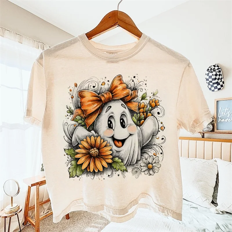 Kawaii Short Sleeved Autumn Fashion Pumpkin Happy Bear Printed Women's Regular Versatile Cute Pattern Top Round Neck White T-Shi