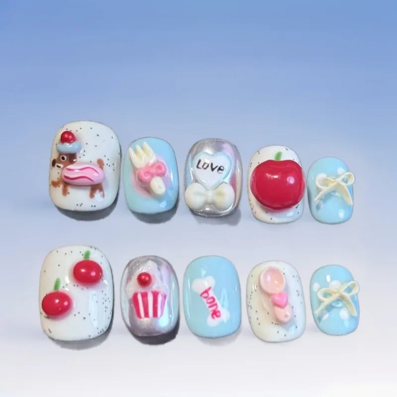 

10 Pieces Cartoon Cute Dachshund Handmade Press On Nails Apple Cupcake Fork Fake Nails Removable Reusable