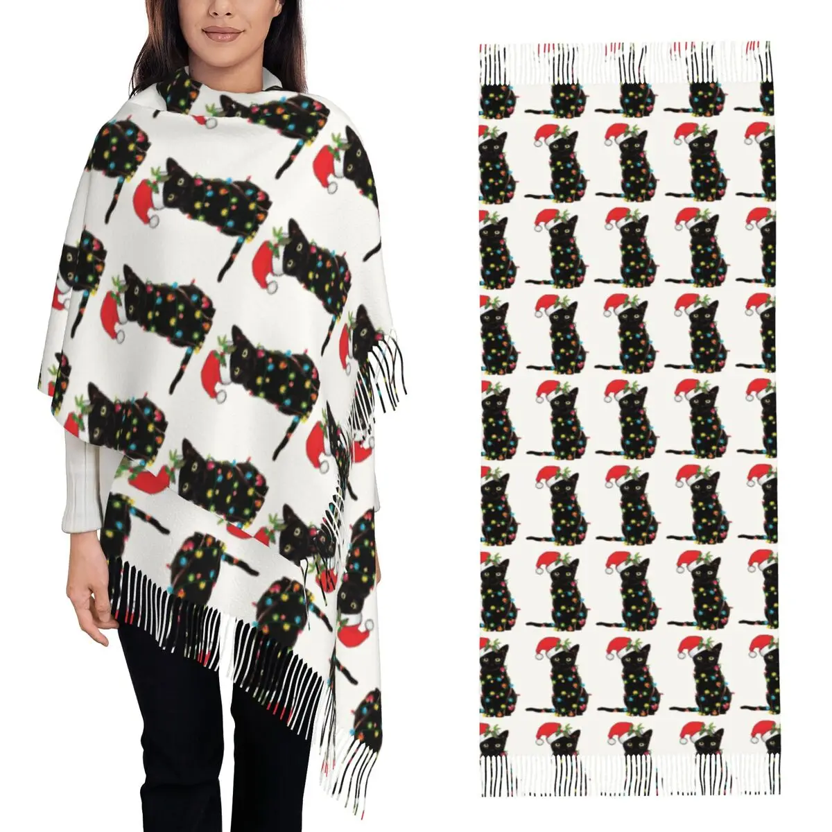 Black Santa Cat Tangled Up In Lights Christmas Santa Scarf Tassel Scarves Women Soft Warm Shawls and Long Fall Winter Shawl Wrap