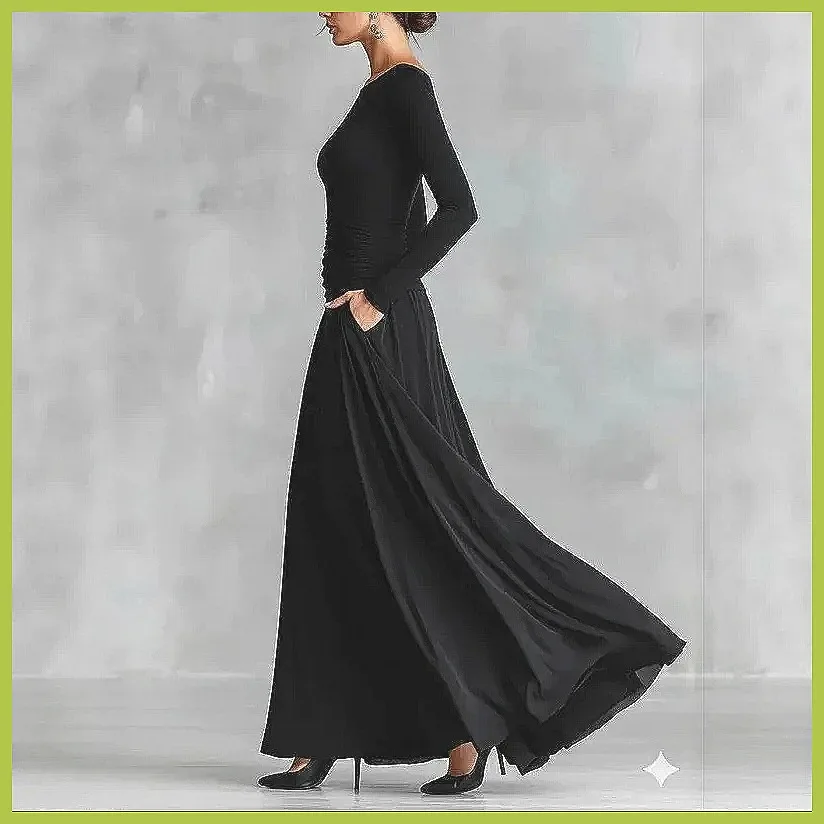 Gaun Maxi Patchwork Elegan Wanita Lengan Panjang Kerah Tinggi Gaun Pesta Chic Vestidos (72 karakter)