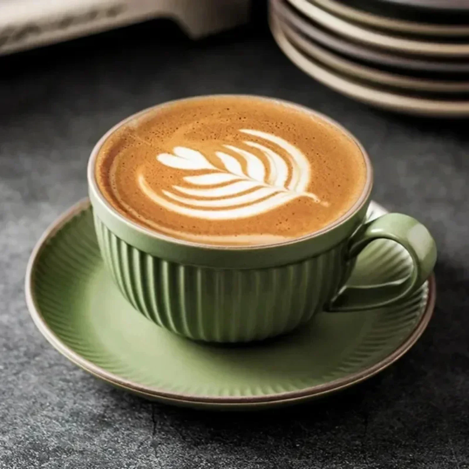 1 セット、コーヒーカップとソーサー、ラテカップ、ユニークなオリーブグリーンとロータスコーヒーカップ - 創造的なコーヒーカップとソーサー。