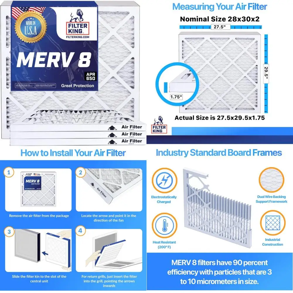 

HVAC Pleated Air Filters 28x30x2 MERV 8 12-Pack A/C Furnace Filters Made in USA Actual Size 27.5x29.5x1