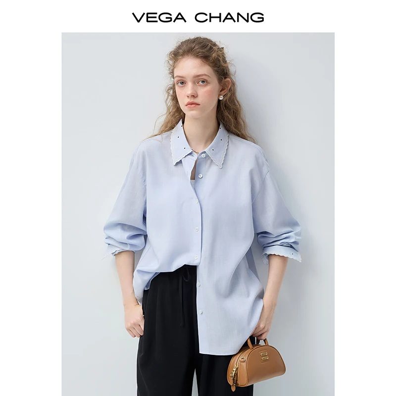 

Vega Chang Spring and Autumn New Women's Shirt Lyocell Light Blue Loose Shirt