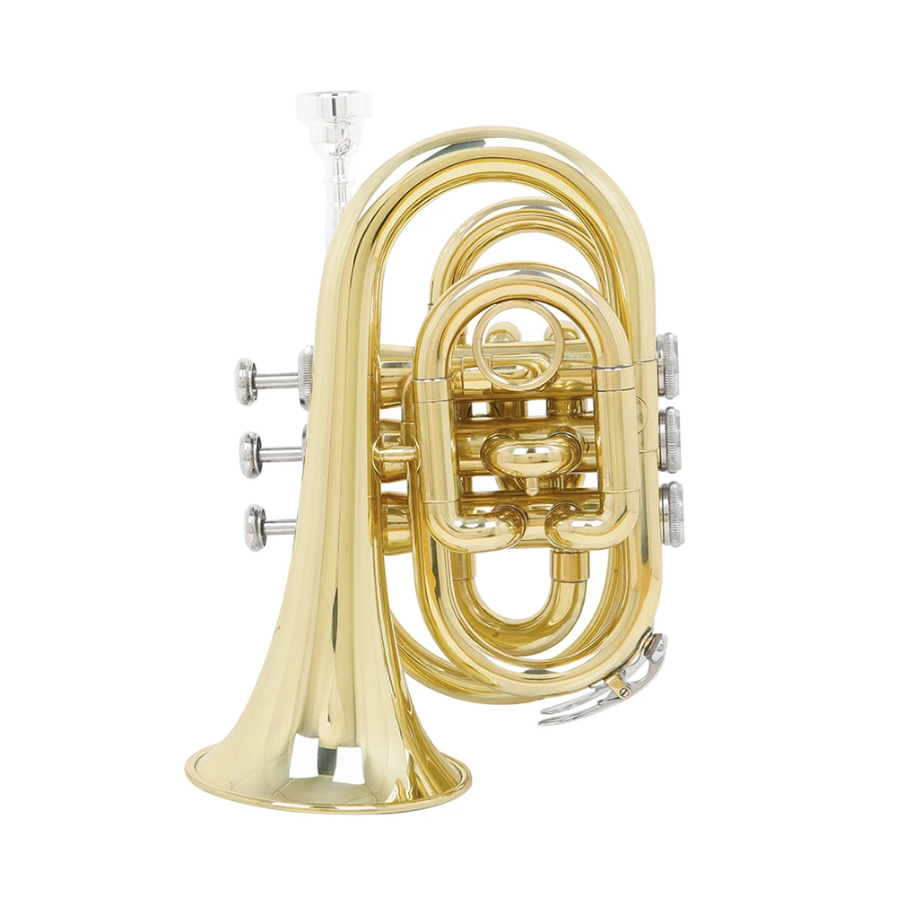 Mini Pocket Trumpet Bb Tune Gold Brass Body Trumpet Playing Instrument with Back Strap Glove Wipe Cloth Headpiece Brush Rope