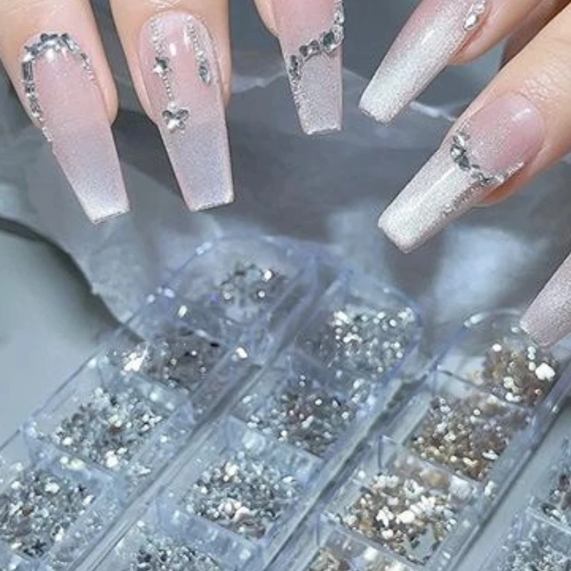 3D 플랫백 네일 라인스톤 12칸 미니 크리스탈 다이아몬드 네일아트 글리터 참 장식 DIY 매니큐어 아트 액세서리