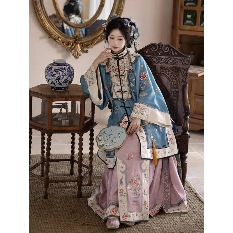 

2024 Spring Heavy Industry Qing Dynasty Flower Embroidery Jacquard Hanfu Top Horse Face Skirt Women Luxury Princess Clothing