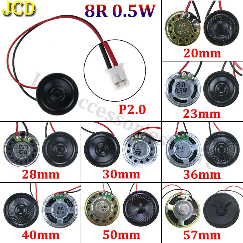 JCD 1Pcs 8R 0.5W Mini Ultra-thin Horn Speaker Diameter 20mm 23mm 28mm 30mm 36mm 40mm 50mm 57mm Loudspeaker W/ P2.0 Termina Wire