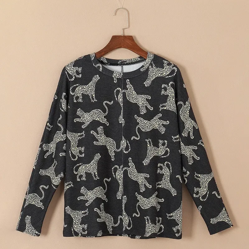 2024 New Women's Loose Leopard T-shirt Cool Girls Black Gold Leopard Tees Indie Clothes Fashion Printed Round Neck Tops NASY0004
