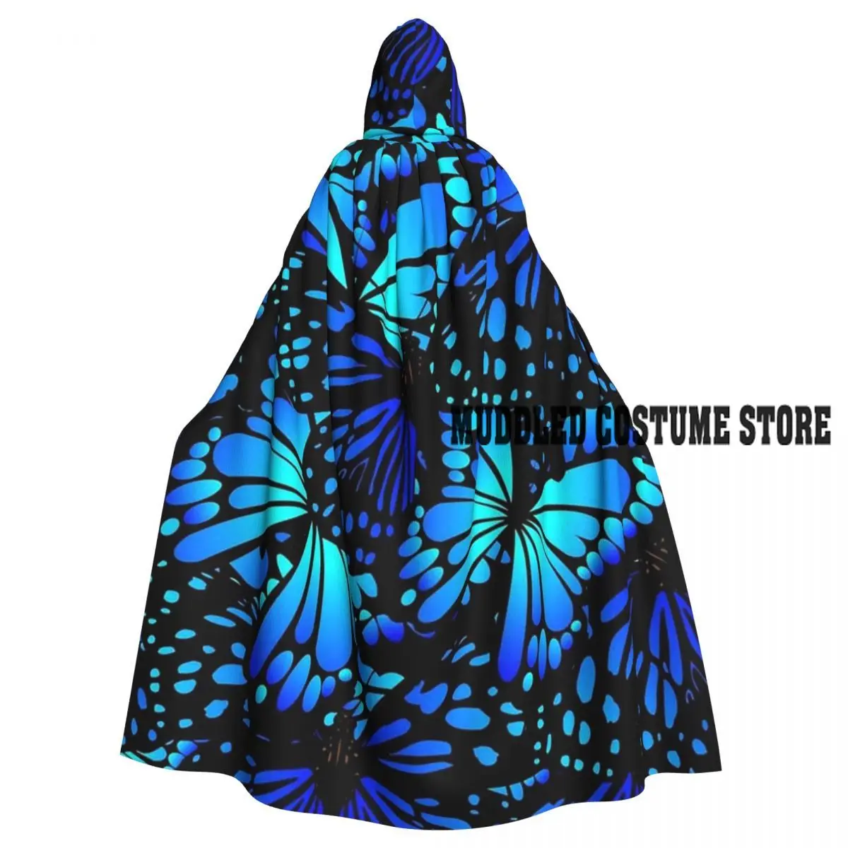 

Blue Butterfly Pattern Flying Long Hooded Cloak Witch Medieval Costume Cosplay Cape HalloweenParty Adult Unisex