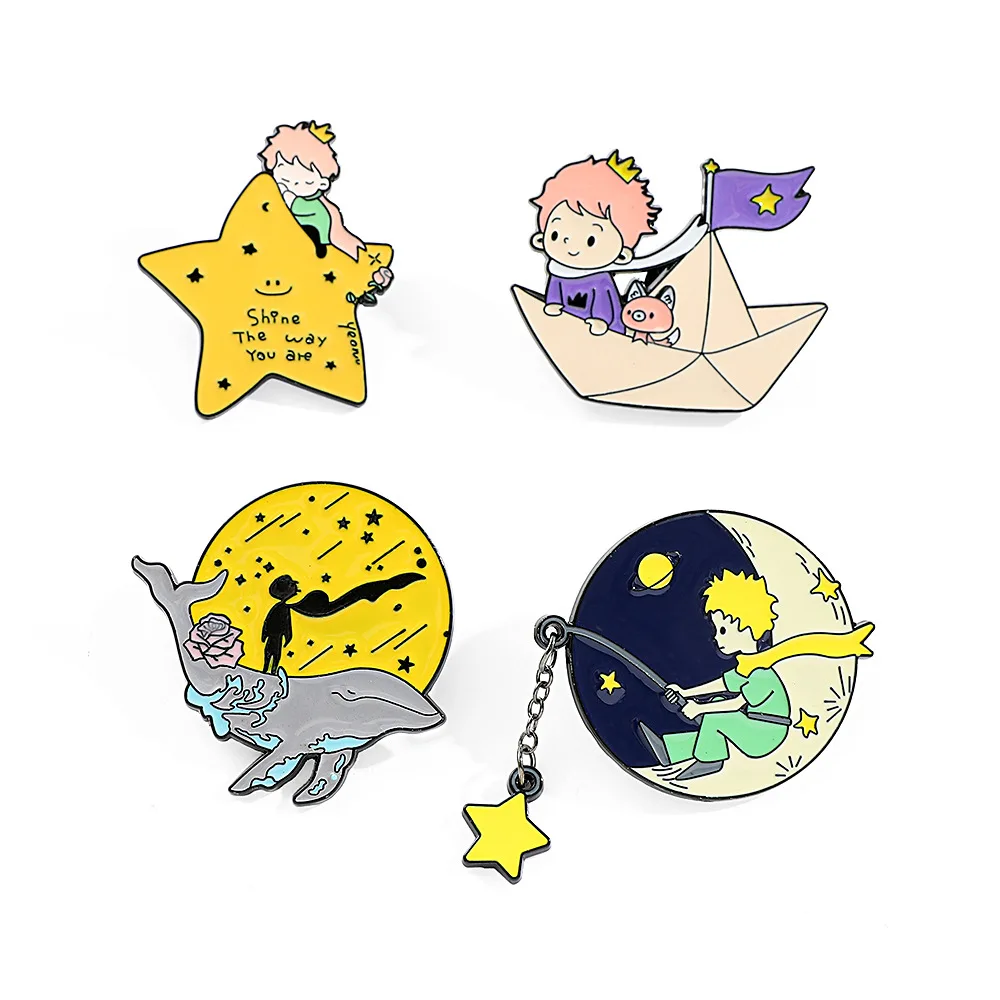 

Cute Prince Fox Enamel Pins Custom Moon Star Paper Boat Whale Brooches Lapel Badges Cartoon Jewelry Gift for Kids Friends
