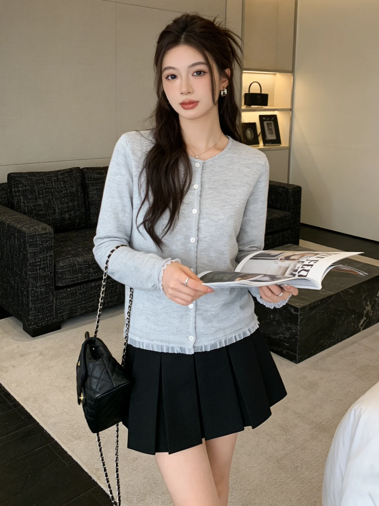 

Korean Sle ort Knitted Open Cardigan Women's round Ne Lace Trim Slimming Versatile Youthful Top Spring New Arrival