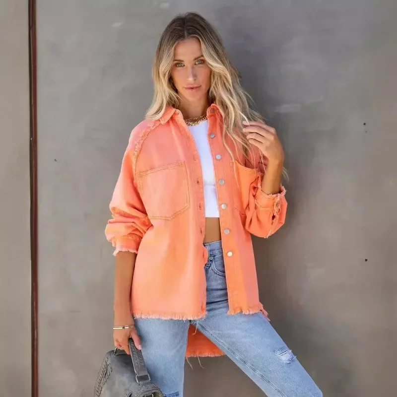 

Тонкие женские ковбойские пальто, куртки, осенне-зимние новые рубашки средней длины со свободными краями и карманами, женская одежда светло-фиолетового цвета