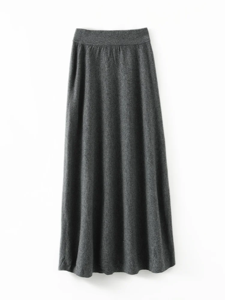 Women New 2024 Autumn Winter 100% Merino Wool Knitted Mid-Length A-Line Dress Warm Base Skirt High-Waisted Female Fashion Skirts