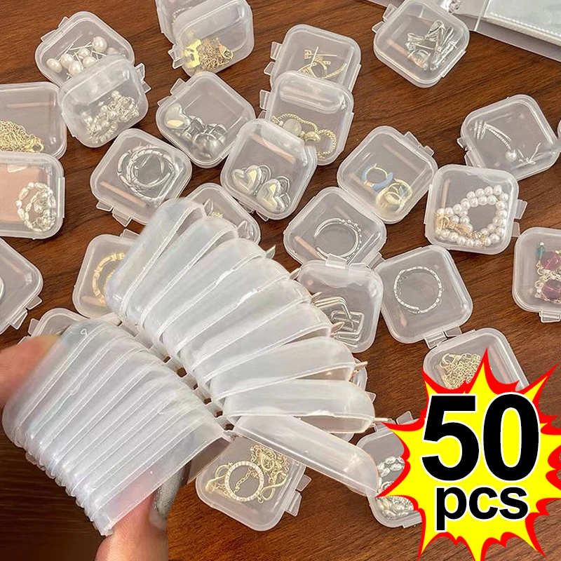 1/50 Mini Square Storage Box Transparent Plastic Flip Cover Small Case Pill Jewels Dustproof Storage Pack Boxes Wholesale