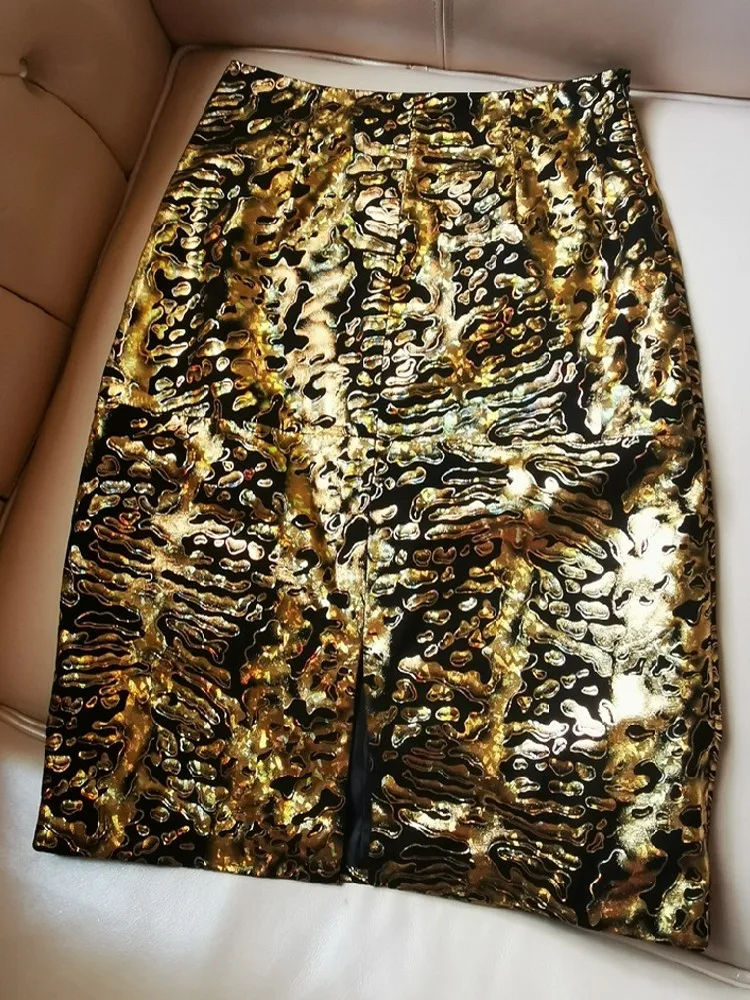 Elegant Women Spring New Shiny Golden Printed Genuine Leather Skirt Ladies Vintage Soft Sheepskin Slim Fit Wrap Pencil Skirts