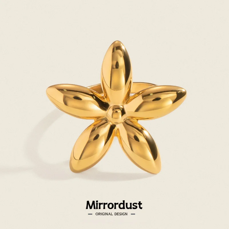 

Flower Open Ring Stainless Steel Gold Plated Fashion Versatile Jewelry for Women