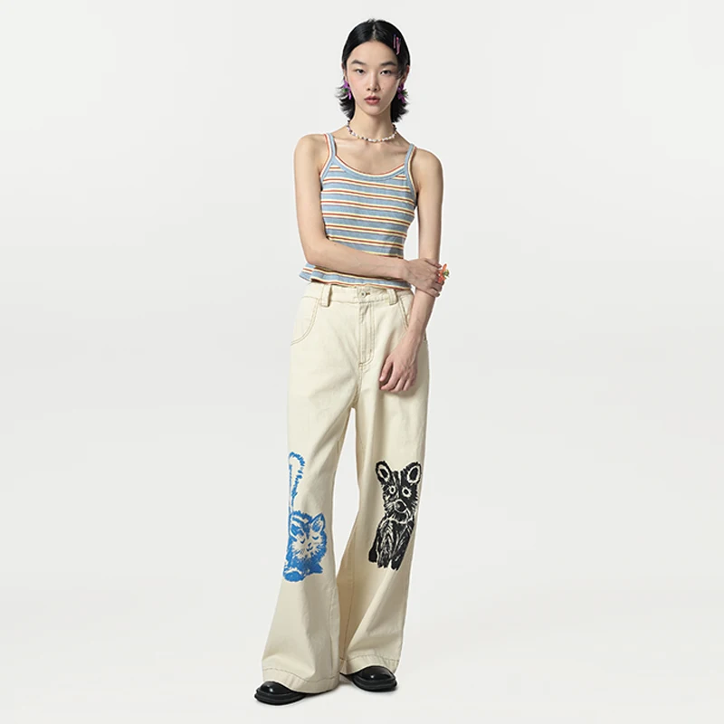 MOVEUP Straight Leg Pants 2026 Spring New Pure Cotton Contrast Color Animal Embroidery Elastic Waist Pants For Women 324120129