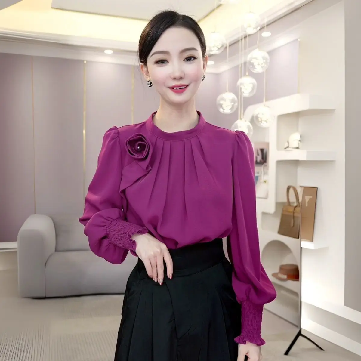 French Style Light Luxury Niche Purple Long Sleeved Fashionable Shirt Versatile Design Sense Top for Women 2023 Autumn New Item