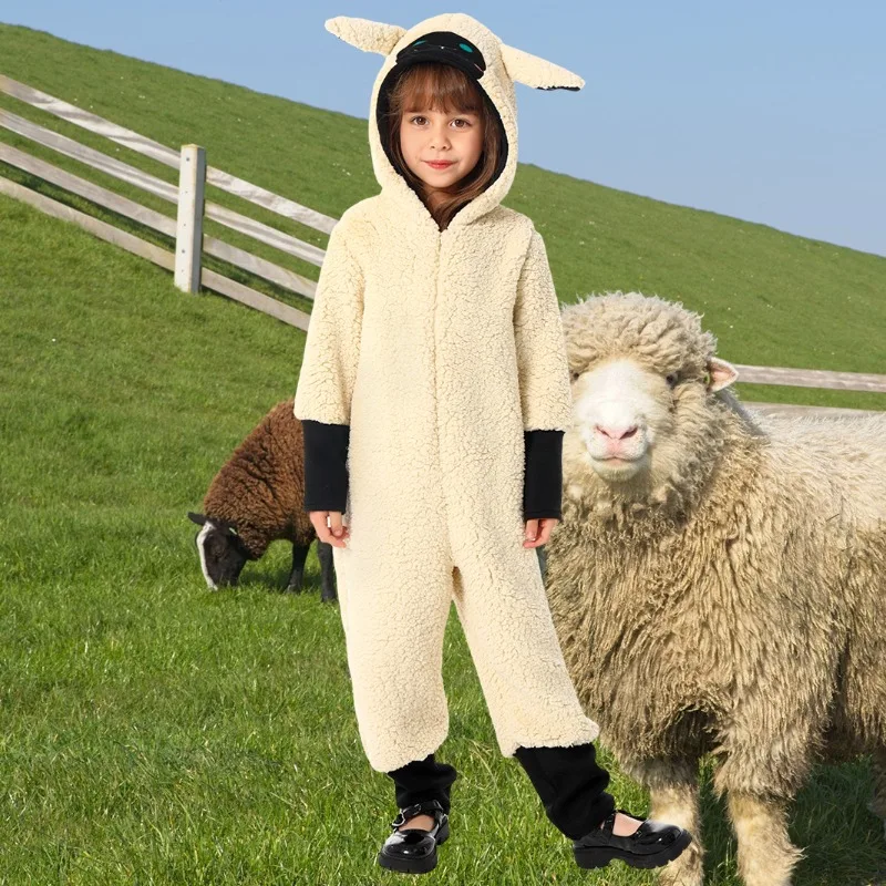 

Boys Girls Sheep Cosplay Costume Cute Hooded Jumpsuit School Stage Performance Clothes Winter Warm Bodysuit Animals Outfits
