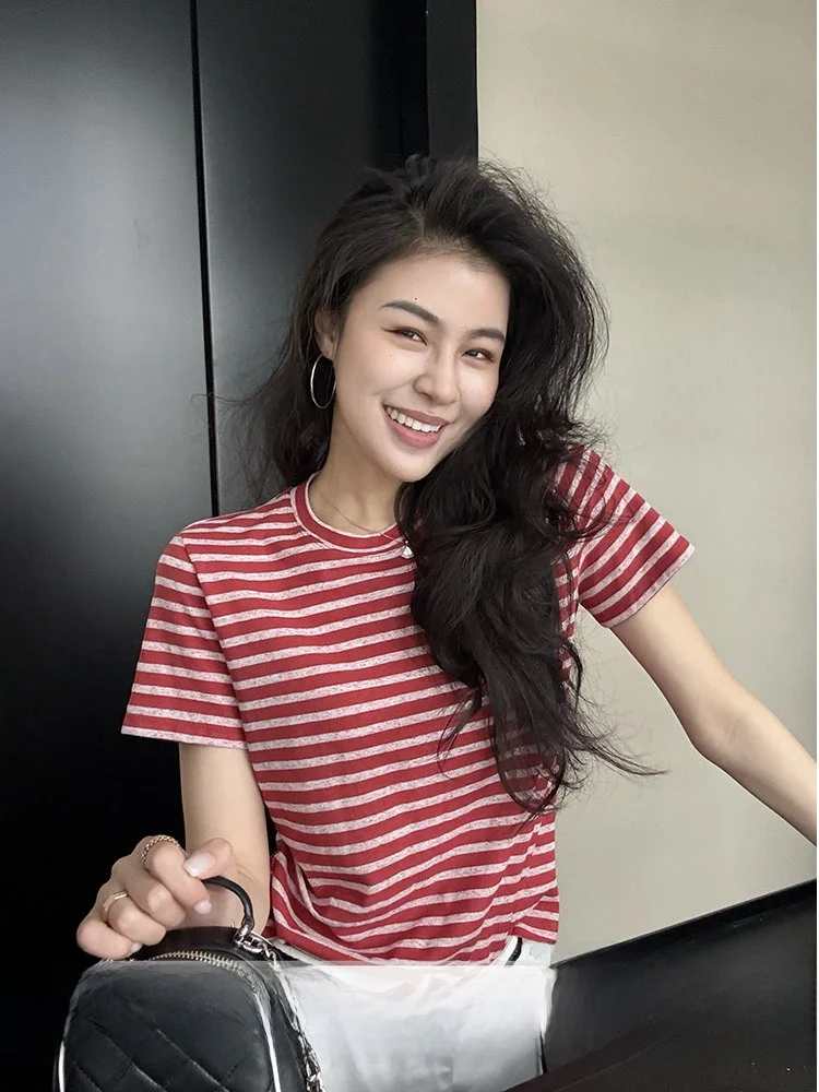 

Zhang a Xing Red White Striped T Casual Five-Part Color Collision Retro Style Women's Fashion Set Breathable Short Sleeve rou...