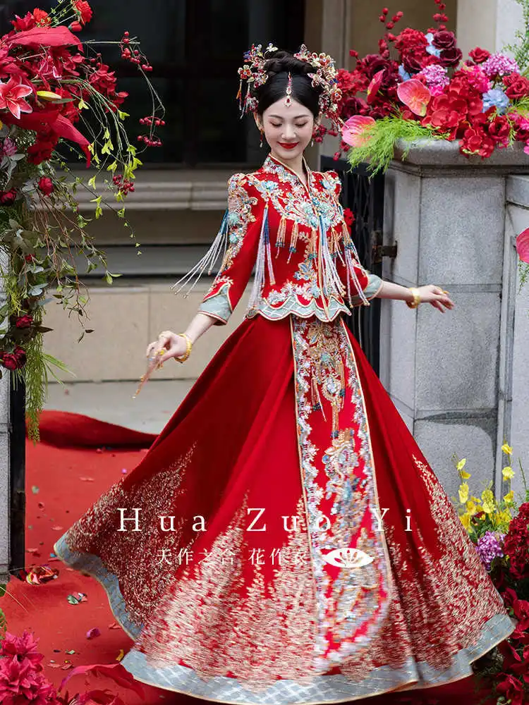 Luxury High Quality Sequins Beading Embroidery Couple Wedding Suit Refined Banquet Evening Dress Elegant Bride Cheongsam Dress
