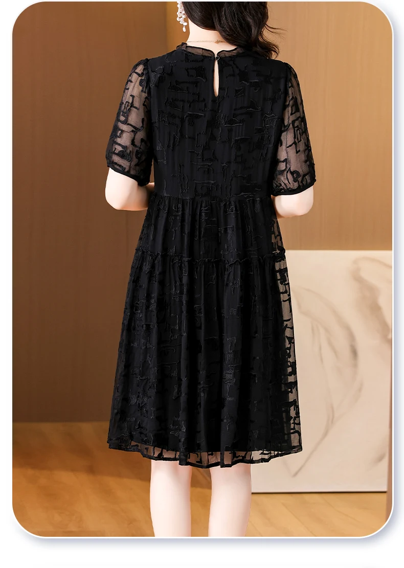 2024 Summer New Silk Embroidered O-Neck Dress Women's Short Sleeves Loose Large Lace Spliced Knee Length A-line Long Dress