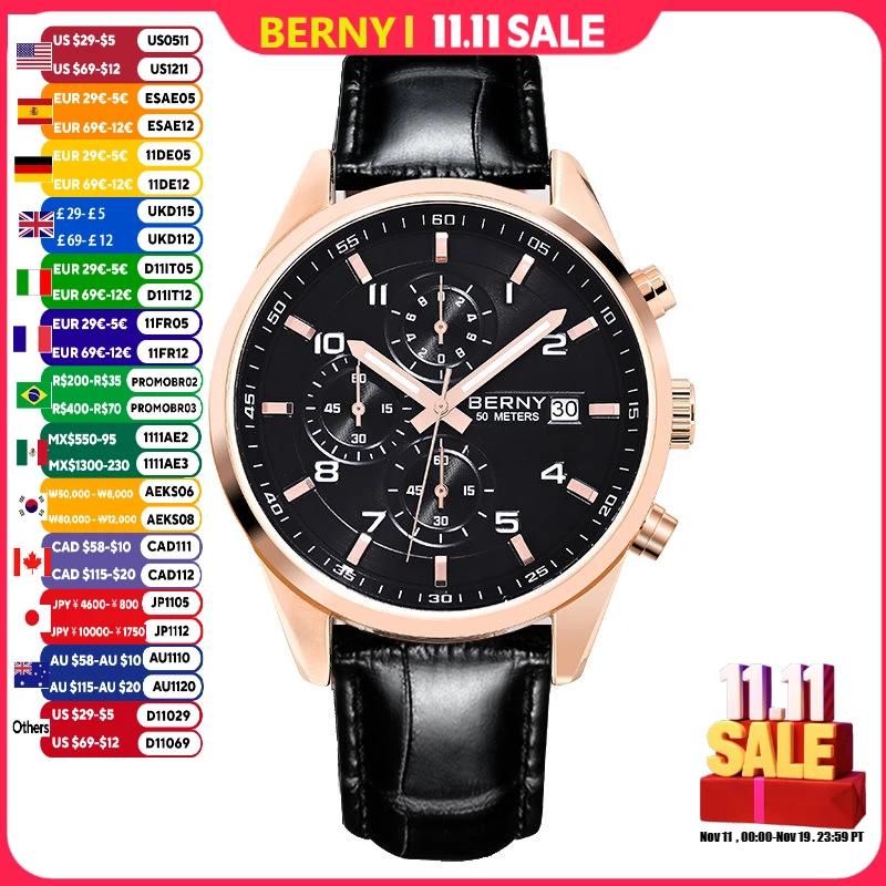 BERNY Watches for Men 42mm Quartz Chronograph Men's Watch Sapphire fashion Date Luminous Multi-function Timing Sport Wristwatch
