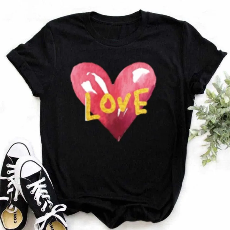 Maycaur love Heart cute T Shirt Women Tops Korean Ulzzang Tees Fashion Women's T Shirts 90s Girls Black summer tShirt for girl