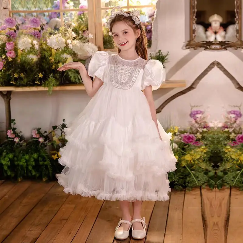 Jill Wish J004 robe de fille de fleur blanche élégante dentelle gonflée princesse enfants longueur de thé mariage 1er anniversaire robe de bal de fête de concours
