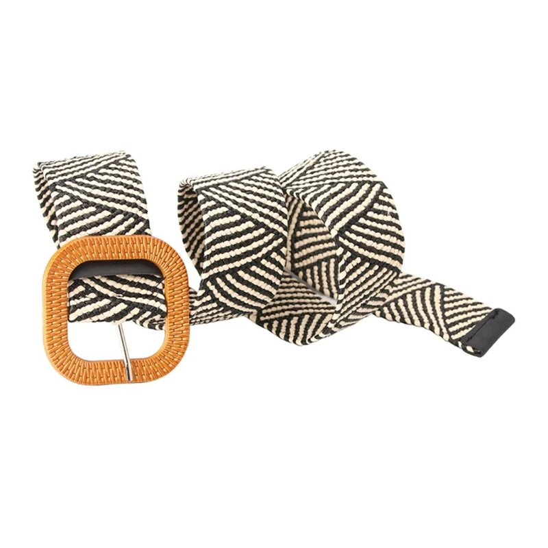 Adjustable Buckle Waist Belt Women Elastic Weaving Belt Wide Waistband for Woman Girls Colorful Straw Vintage Waist Belt