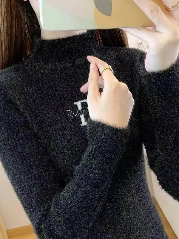 Women's Autumn Winter New Style Water Rabbit Velvet Knitted Sweater High Collar Long Sleeve Slim Fit Overhead Base Shirt Pure...