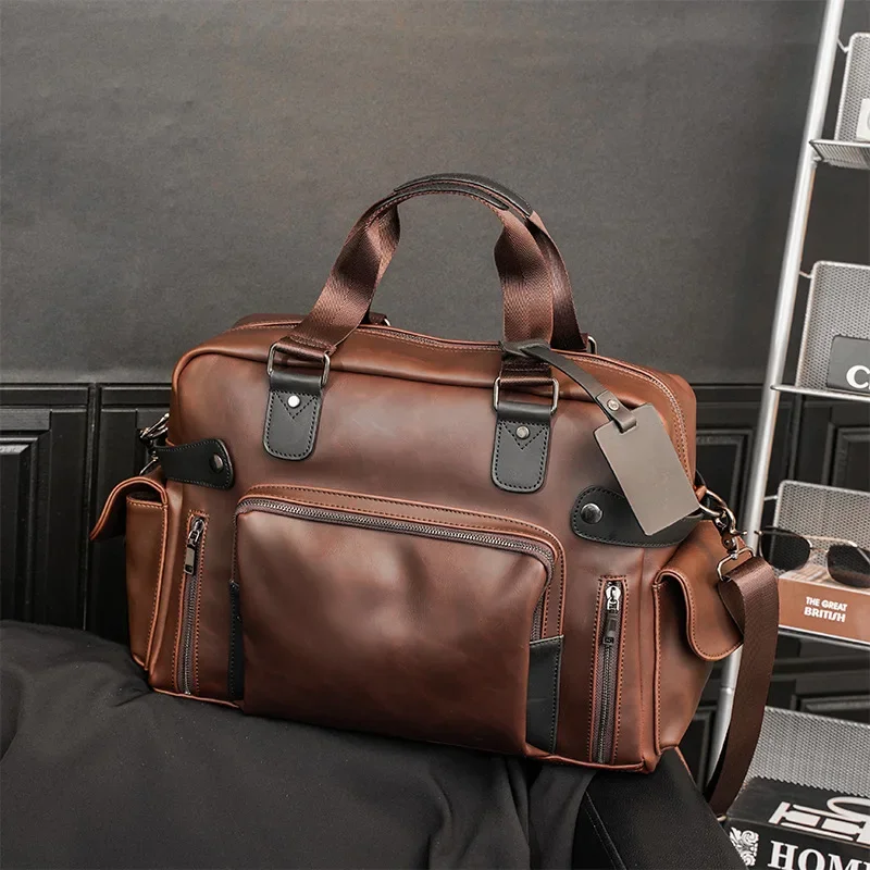 

Retro Fashion Handbag Men Top-Handle Bags High Quality PU Leather Shoulder Messenger Bag Men Document Computer Bag Travel Bags