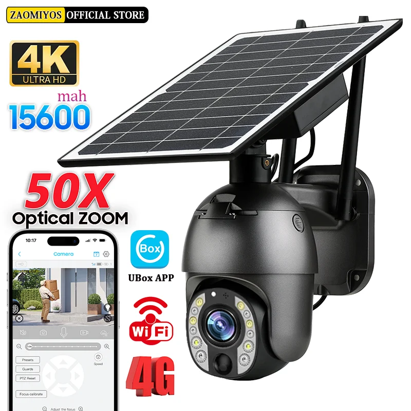 4G SIM 50X Optical Zoom Solar Camera 4K 360 PTZ Outdoor Motion Detection Surveillance Night Vision CCTV Battery Security IP Cam