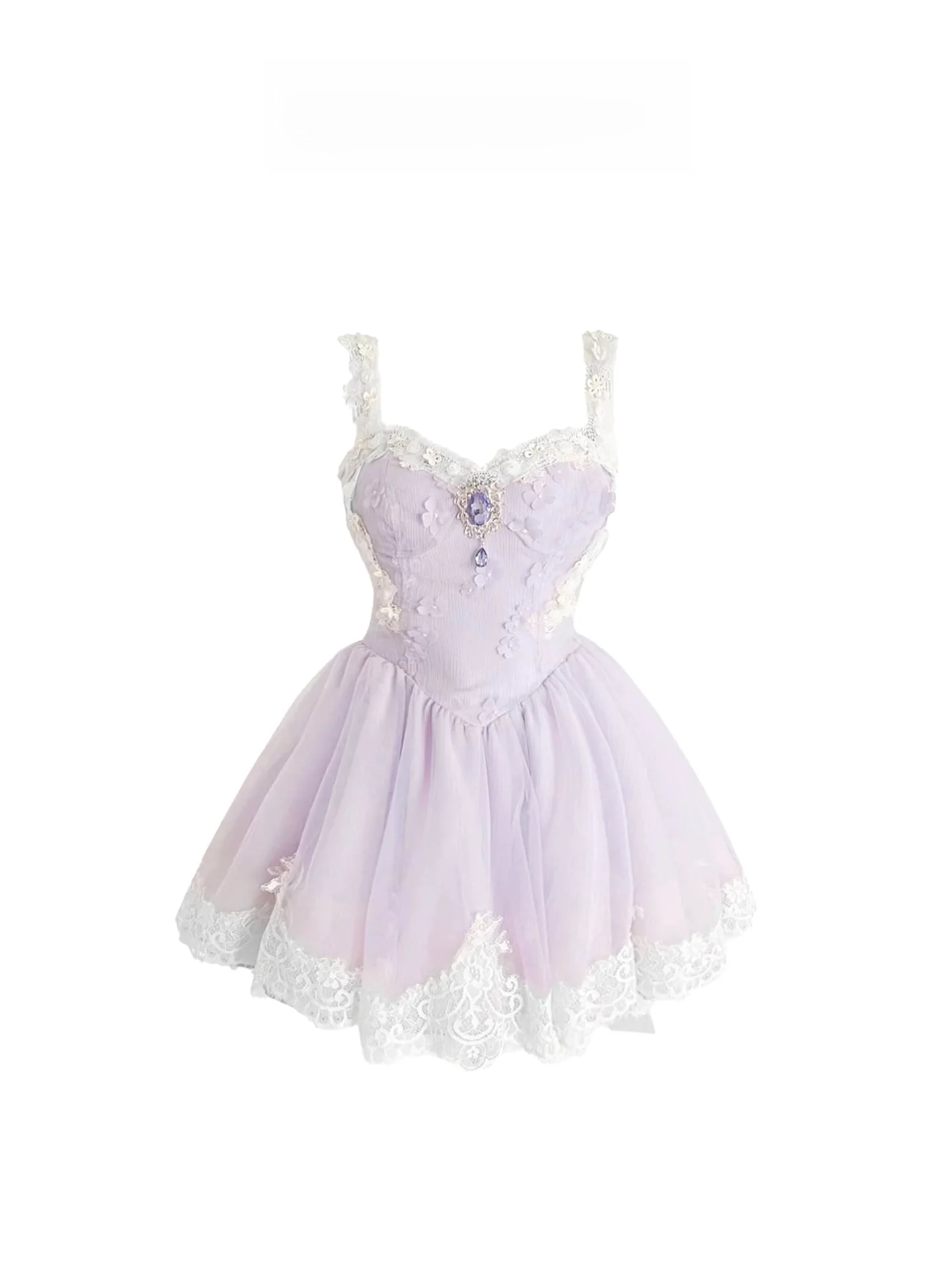 HEZA Zoete Paarse Kanten Band Dr vrouwen Zomer Hoge Taille Gezwollen Verjaardag Dr Jurk Zachte Sle A-lijn ort Rok