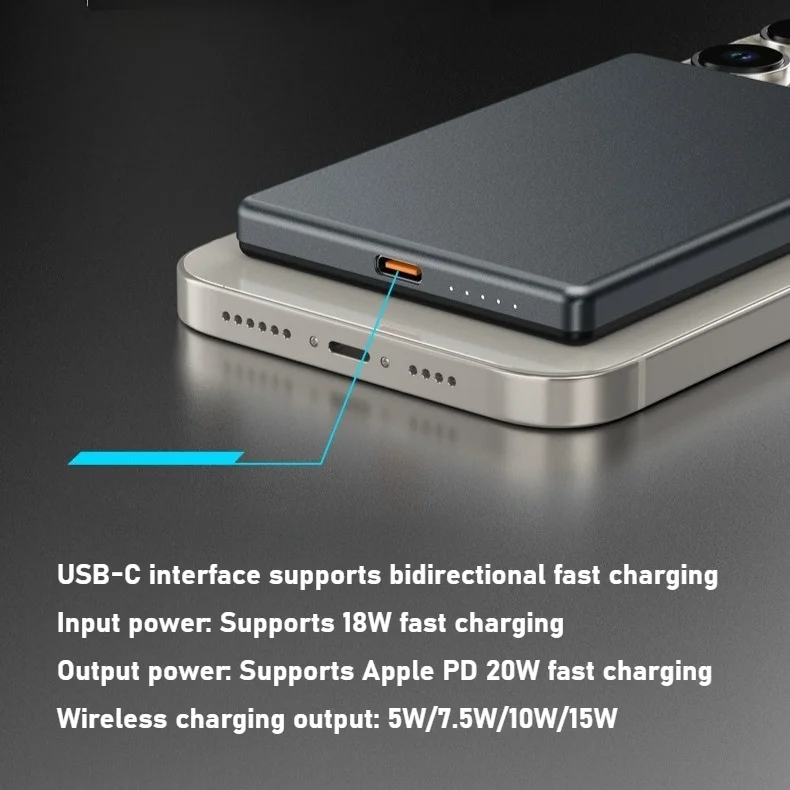 10000mAh Magnetic Wireless Ultra-thin Power Bank for Smartphones, Two-way Fast Charging Mobile Power Source for Mobile Phones.