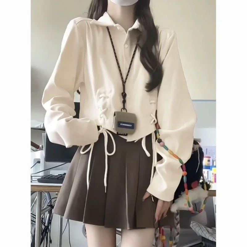 

Korean Polo Collar Shirt Long Sleeved Top 2024 Women's Autumn New Women's Pleated Skirt College Style Two Pieces Female Clothing
