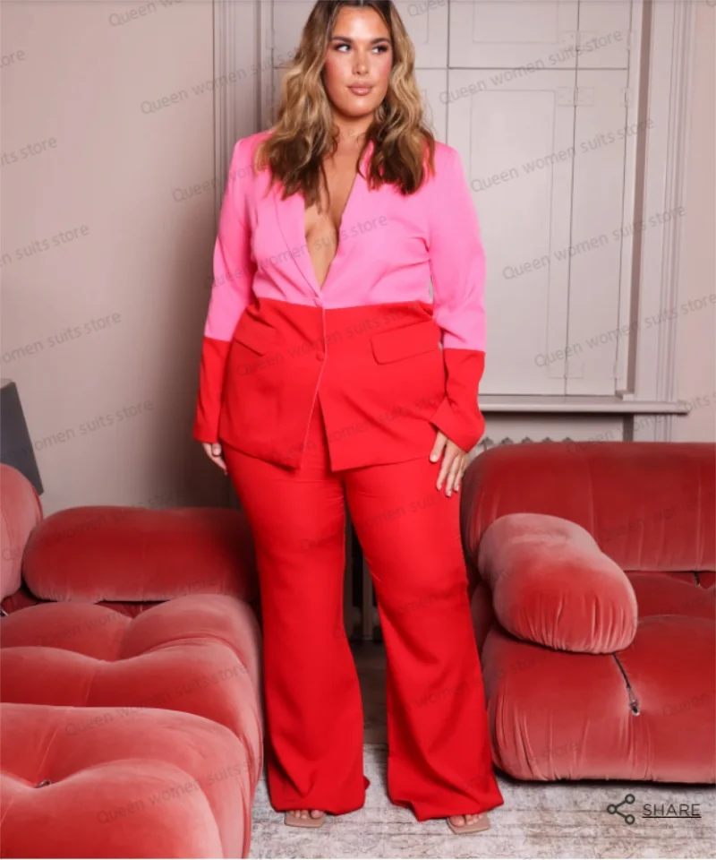 Pink Red Women Suit Set Blazer+Pants Plus Size 2 Pieces Wedding Tuxedo Party Prom Dress Custom Made Sexy V Neck Jacket Coat